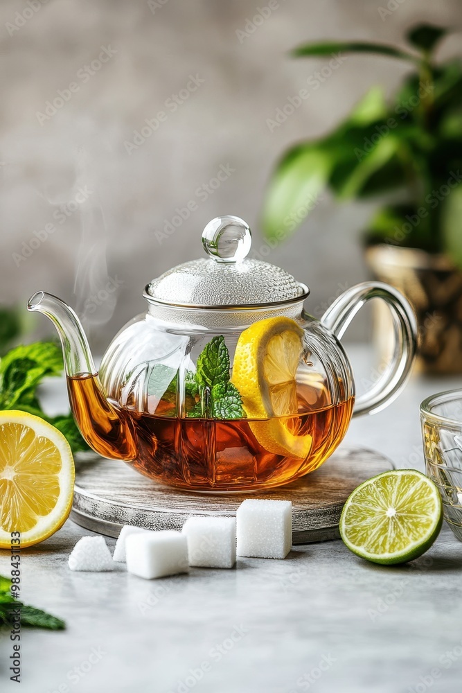 Elegant Glass Teapot with Freshly Brewed Tea, Lemon Slices, Mint Leaves, and Sugar Cubes on a Wooden Board Elegant Glass Teapot with Freshly Brewed Tea, Lemon Slices, Mint Leaves, and Sugar Cubes on a Wooden Board