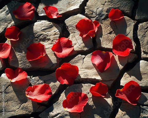 Closeup of bloodred rose petals scattered on cracked stone, symbolizing beauty and danger, dramatic shadows and fine detail photo