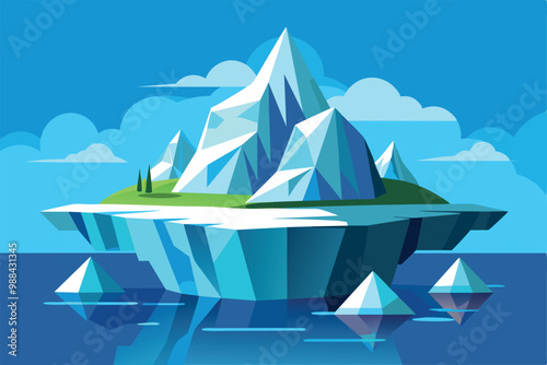 A vibrant illustration depicts a large iceberg with sharp peaks floating atop tranquil waters, complemented by a touch of greenery.