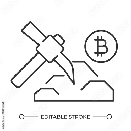 Crypto mining linear icon. Pickaxe striking rocks and cryptocurrency symbol. Digital currency. Blockchain. Thin line illustration. Contour symbol. Vector outline drawing. Editable stroke