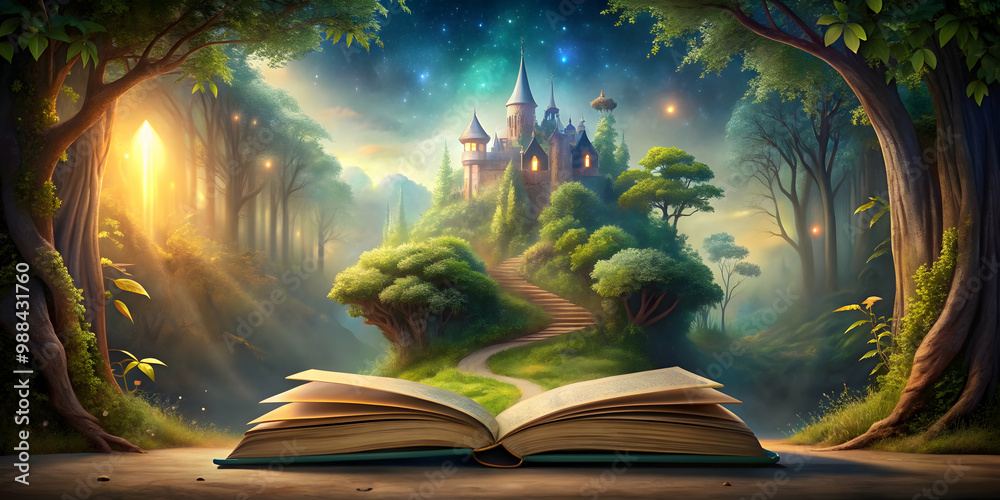 Fototapeta premium Enchanted fantasy world inside a magical book , Fairy tale, imagination, creativity, education, literature, storytelling