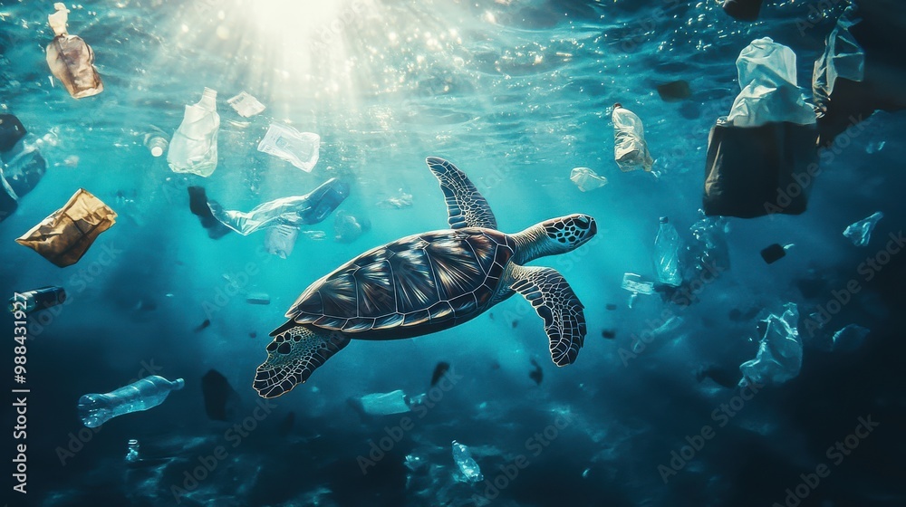 Fototapeta premium Sea turtle swimming among floating plastic waste in the ocean, bottles, bags, and debris surrounding it, clear blue water with sunlight filtering down, a powerful image highlighting pollution,