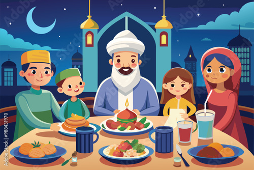 A cheerful family gathers around a beautifully arranged table enjoying iftar, sharing laughter and delicious food during Ramadan.