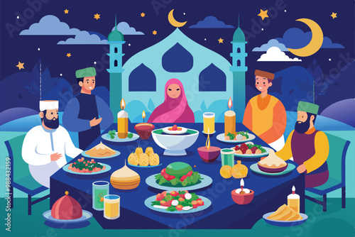 A warm gathering of family and friends enjoying a customized iftar dinner featuring a variety of traditional dishes and drinks during Ramadan.