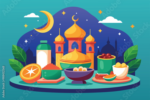 A vibrant iftar dinner setup with various dishes, refreshing drinks, and decorative elements seen against a beautiful sunset backdrop.