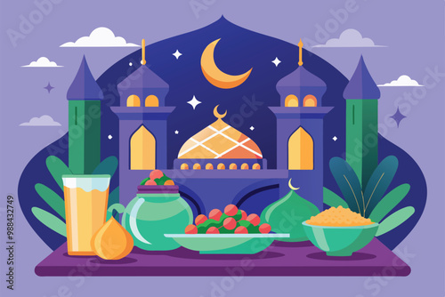 A beautifully arranged iftar dinner showcases various traditional dishes set under a nighttime sky with a stunning mosque silhouette.