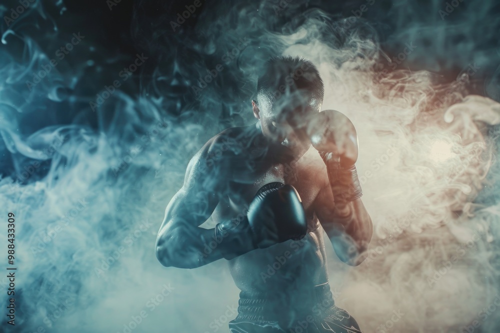 Fototapeta premium A person wearing boxing gloves surrounded by smoke