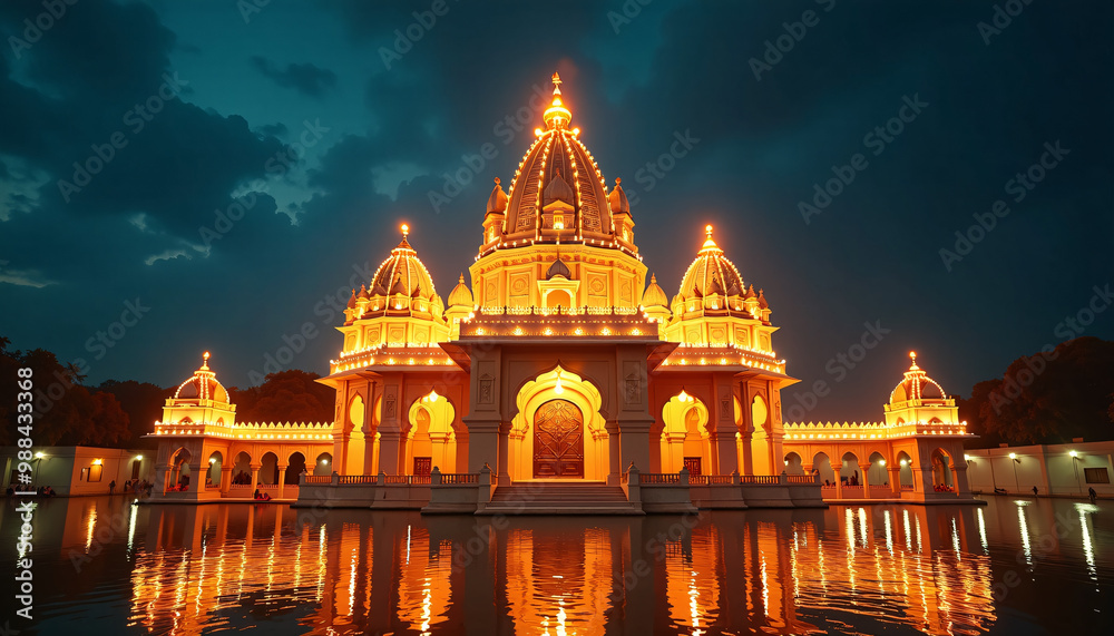 Fototapeta premium Indian temple illuminated with sparkling lights during Diwali night creating a radiant and divine atmosphere.