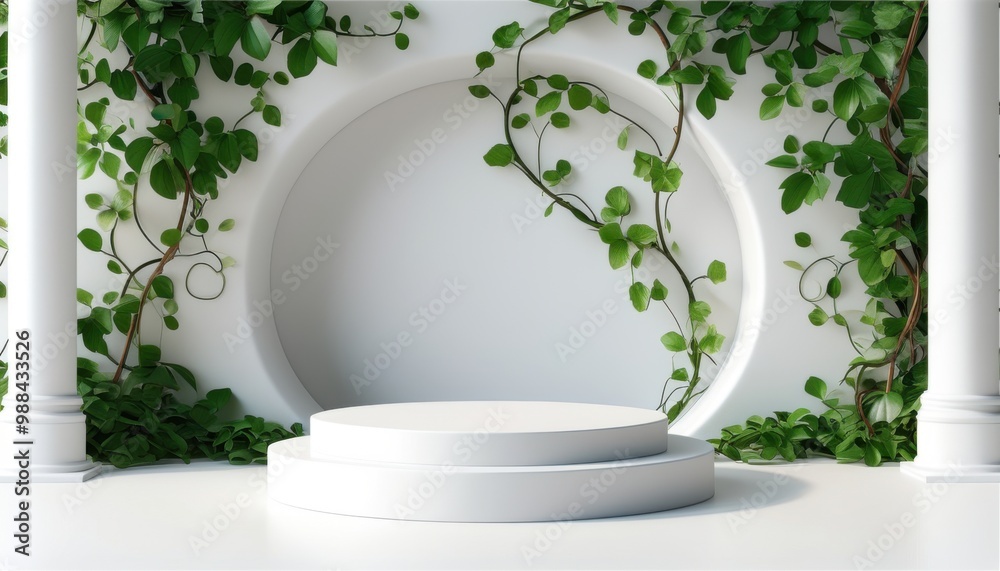 Elegant white arches adorned with lush green climbing vines, creating a serene and minimalist backdrop with soft lighting. Elegant white arches adorned with lush green climbing vines, creating a serene and minimalist backdrop with soft lighting.
