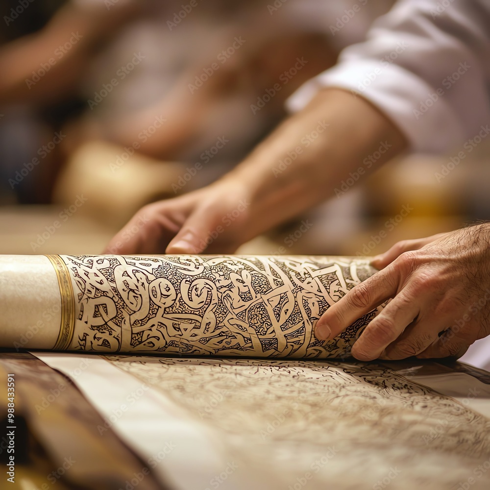 Obraz premium Close-up of a person's hands carefully unrolling an ancient scroll, showcasing intricate calligraphy.