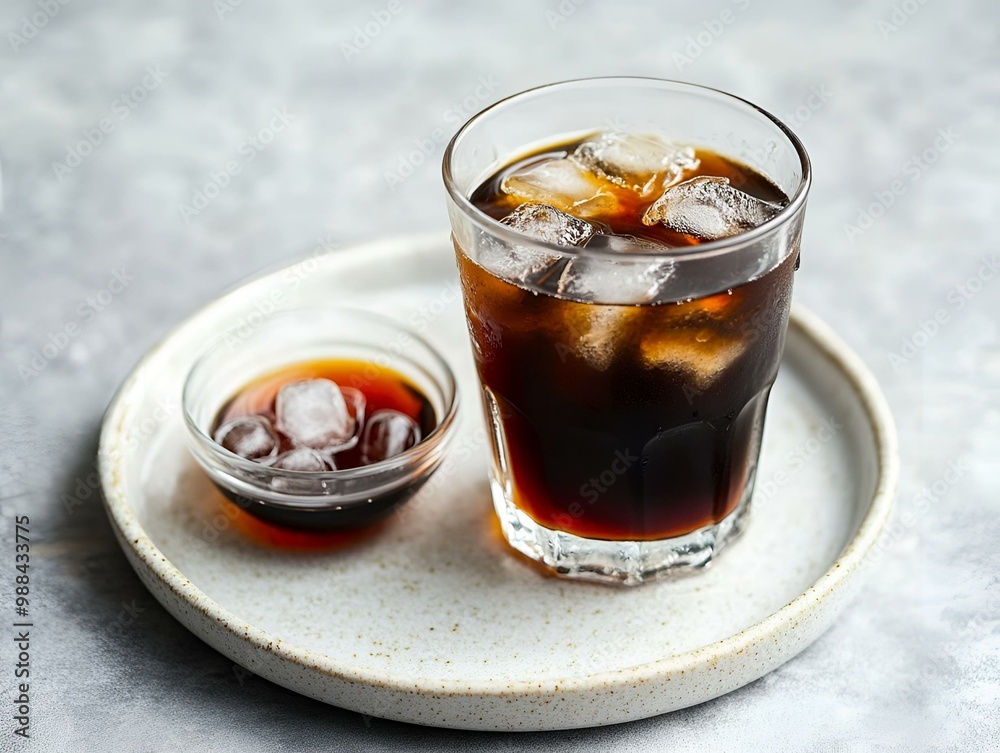 Refreshing Iced Coffee in Glass with Extra Ice Cubes on Textured Grey Surface – A Perfect Summer Drink. Refreshing Iced Coffee in Glass with Extra Ice Cubes on Textured Grey Surface – A Perfect Summer Drink.