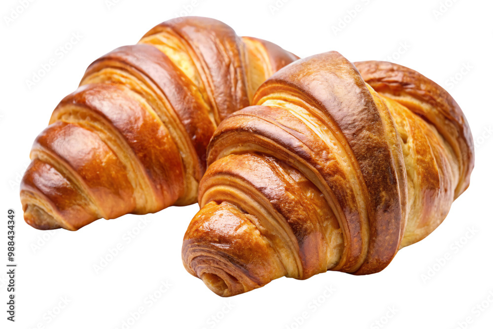 A pair of perfectly baked croissants placed side by side, their golden layers and curves mirroring each other, creating a tempting bakery scene, on a transparent background