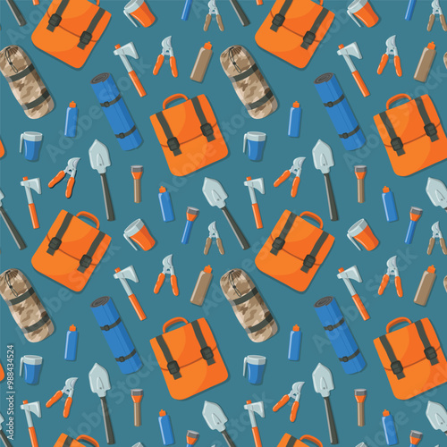 Seamless flat lay of tourist items: backpack, axe, torch, sleeping bag, tools etc