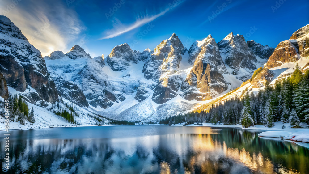 Snow covered mountain peaks near Morskie Oko Lake in Poland during winter, Tatras, Poland, Morskie Oko, Sea Eye Lake, winter, snow Snow covered mountain peaks near Morskie Oko Lake in Poland during winter, Tatras, Poland, Morskie Oko, Sea Eye Lake, winter, snow