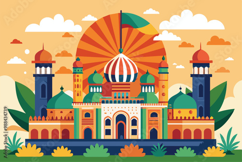 A vibrant flat illustration highlighting historical architecture in India, adorned with festive elements to celebrate Republic Day.