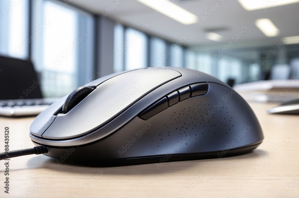 Modern grey computer mouse close-up on office desk Modern grey computer mouse close-up on office desk