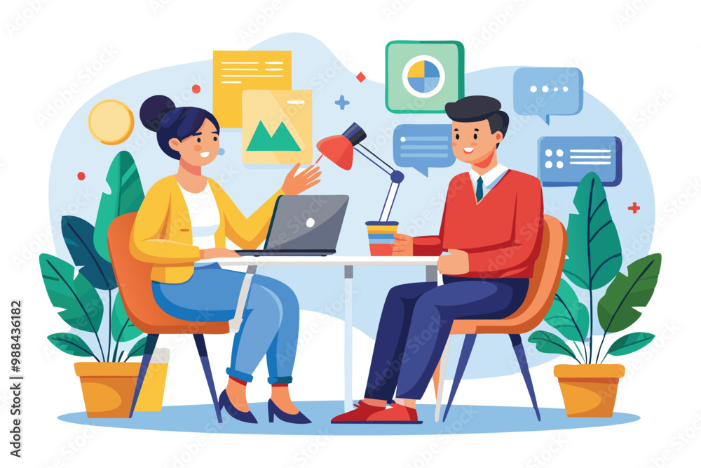Fototapeta premium A dynamic discussion takes place between two individuals at a contemporary desk, surrounded by plants and colorful visuals, showcasing a productive atmosphere.