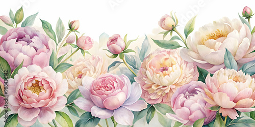 Watercolor painting of decorative blooming peonies in pastel colors, peonies, blooming, pastel colors, watercolor, painting