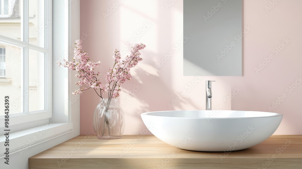 Fototapeta premium Modern Minimalist Bathroom with White Vessel Sink and Pink Cherry Blossom Decor in Natural Light
