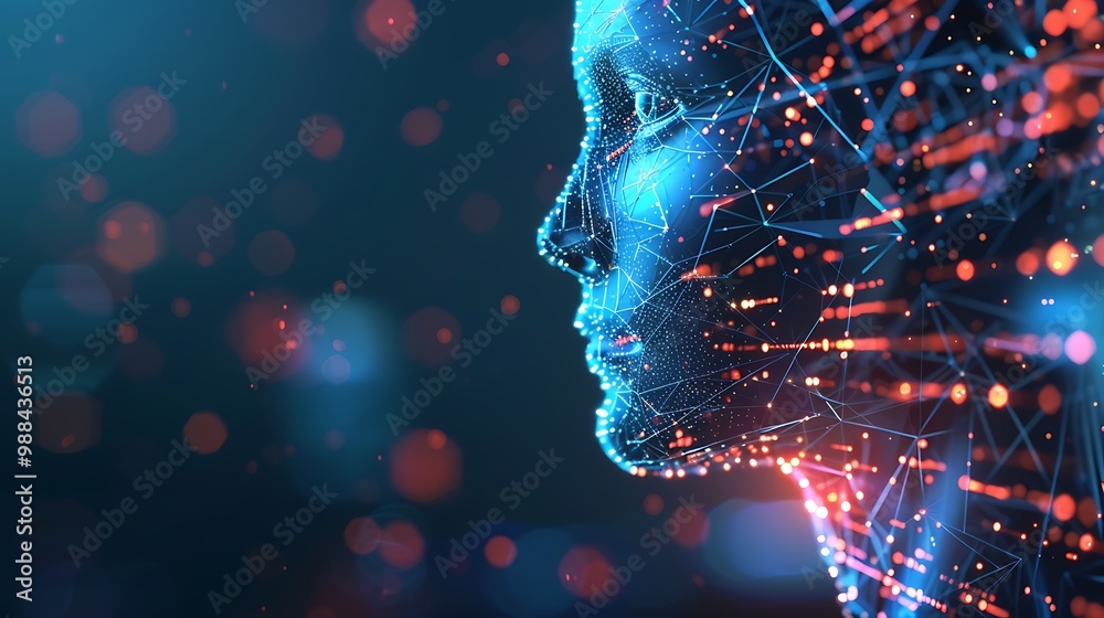 Digital portrait of a woman, with lines and dots, depicting artificial intelligence and technology. Digital portrait of a woman, with lines and dots, depicting artificial intelligence and technology.