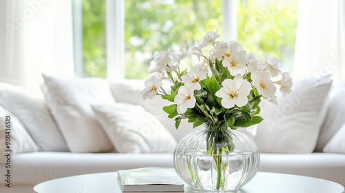 Elegant White Flowers in Glass Vase on Modern Coffee Table with Bright Window Background