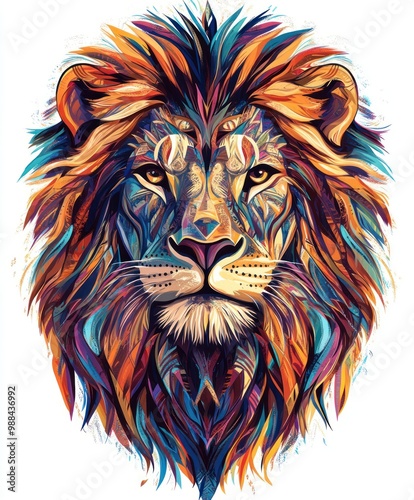 A colorful, abstract portrait of a lion's head. photo