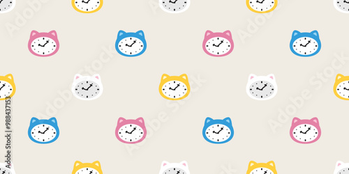 cat seamless pattern alarm clock kitten calico face head vector munchkin neko pet cartoon doodle gift wrapping paper tile background repeat wallpaper illustration isolated design