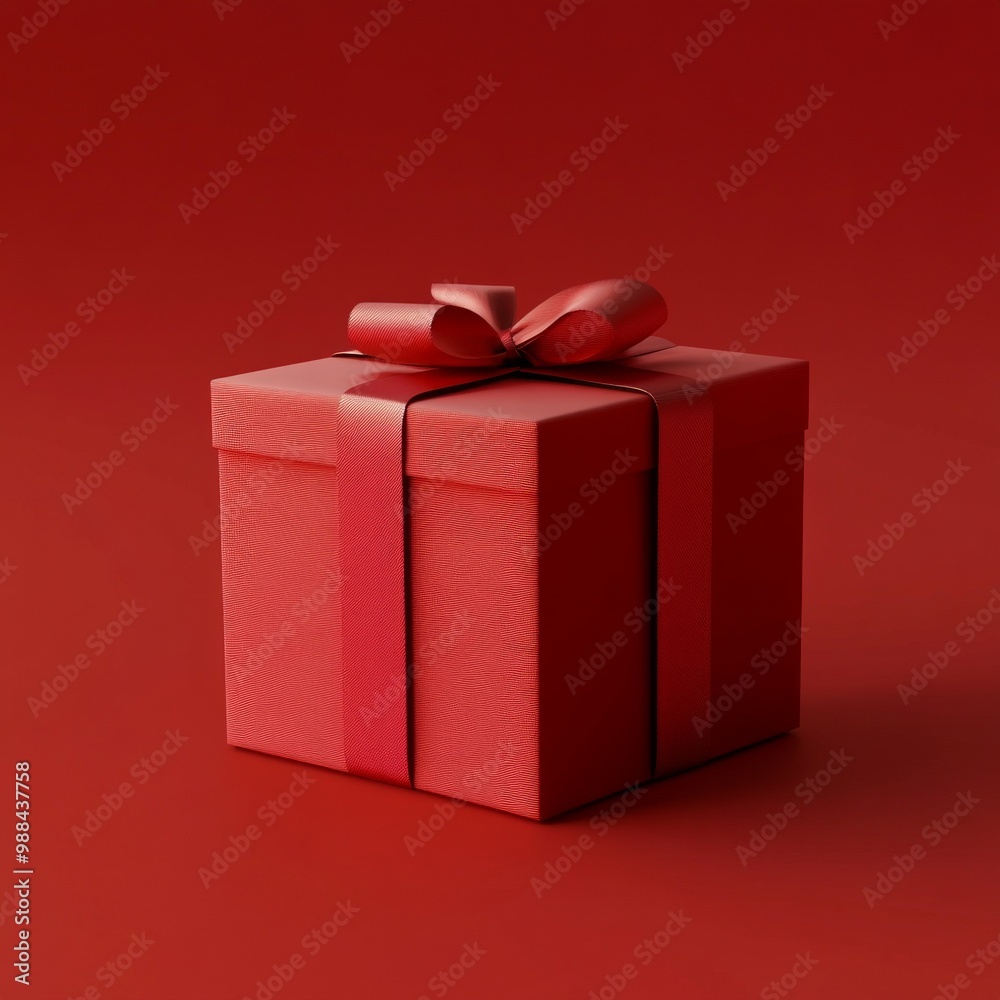 Fototapeta premium A bright red gift box with a shiny ribbon stands out against a matching red background. Ideal for holiday promotions, celebrations, and special occasions. Perfectly styled for a festive touch. AI