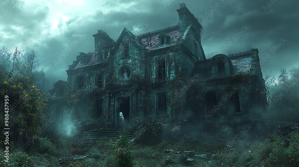 A creepy old house with a creepy looking person standing in front of it A creepy old house with a creepy looking person standing in front of it