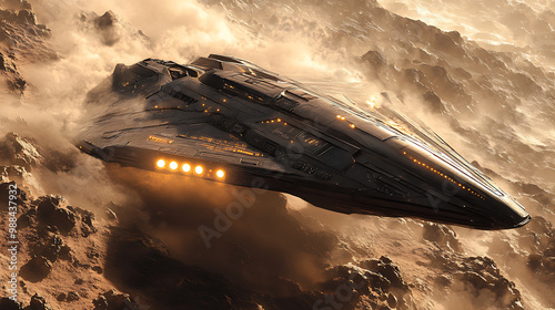 Fototapeta Naklejka Na Ścianę i Meble -  A space ship is flying through a cloud of dust