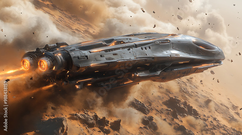 Fototapeta Naklejka Na Ścianę i Meble -  A space ship is flying through a cloud of dust and debris