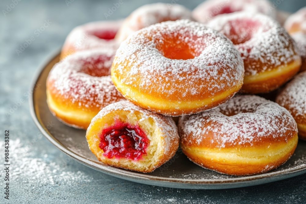 A plate of colorful jelly doughnuts with powdered sugar on top, one of them bitten into, revealing a bright raspberry filling A plate of colorful jelly doughnuts with powdered sugar on top, one of them bitten into, revealing a bright raspberry filling