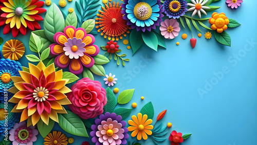 Fototapeta Naklejka Na Ścianę i Meble -  Bright and colorful paper art of folk style flowers in papercut and origami design , Flowers, folk style, bright colors