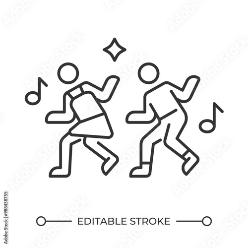 Dancing people linear icon. Party or celebration concept. Entertainment, fun and joy. Nightlife. Music festival. Thin line illustration. Contour symbol. Vector outline drawing. Editable stroke