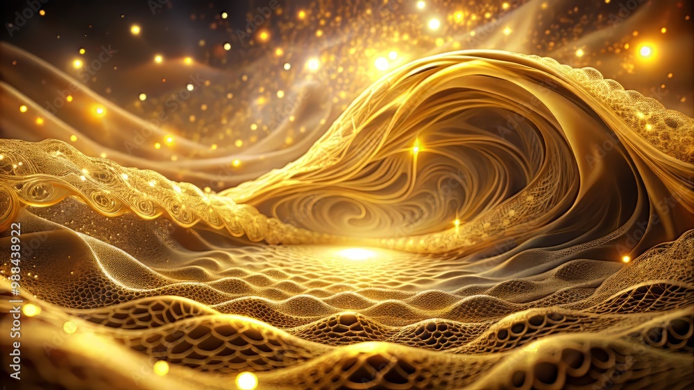 Obraz premium Undulating waves of golden luminescence emanate from a central vortex, as delicate, lace-like patterns unfold, bathing the surrounding environment in an ethereal glow
