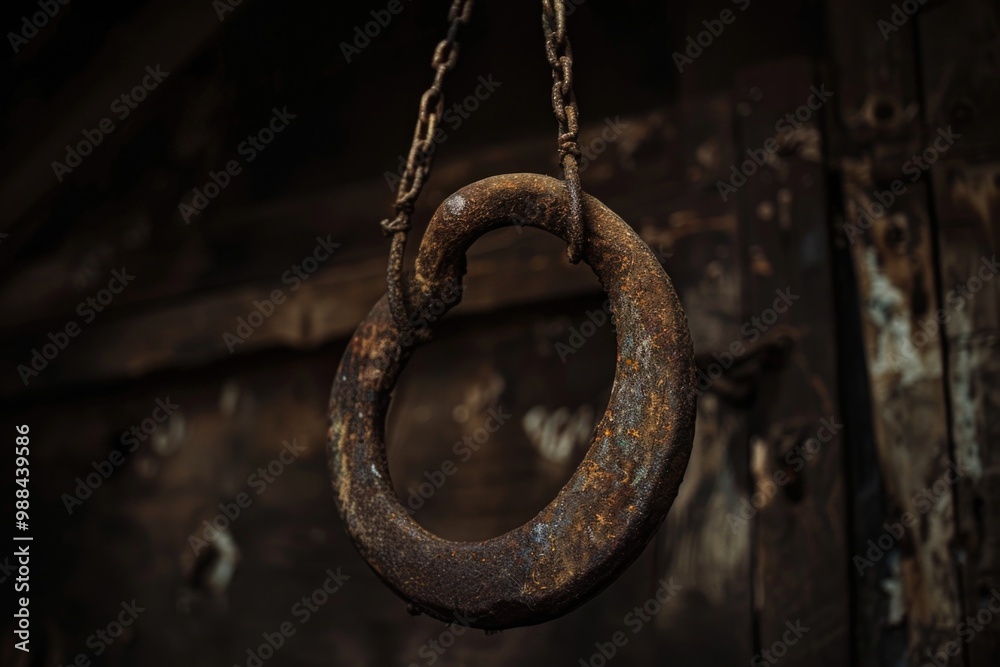An old rusty ring hangs from a chain, perfect for vintage or antique themed projects An old rusty ring hangs from a chain, perfect for vintage or antique themed projects