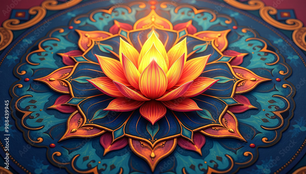 Sacred mandala art with a radiant lotus flower at the center surrounded