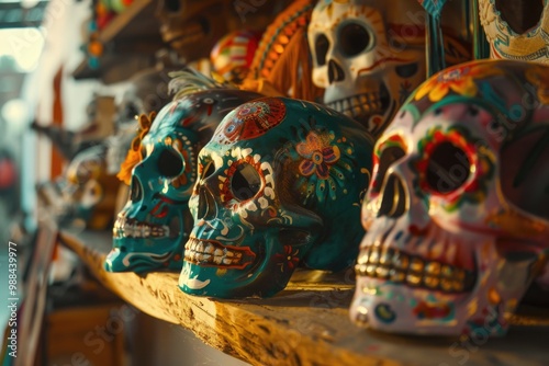 A collection of vibrant sugar skulls arranged on a shelf for decoration