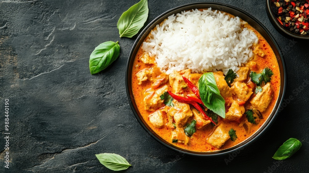 A top view of a Thai curry dish with rice, leaving room for copy space. A top view of a Thai curry dish with rice, leaving room for copy space.