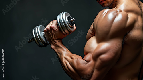 Portrait of bodybuilder hand holding dumble