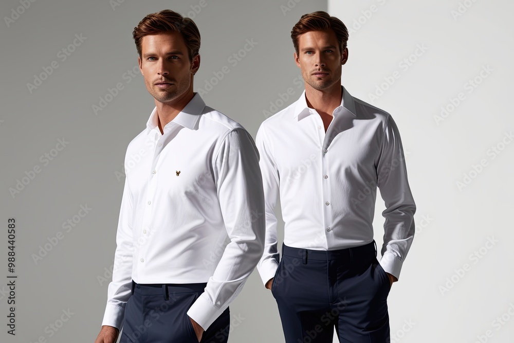Stylish Caucasian Male Model in Elegant White Shirt and Tailored Navy Chinos on Clean White Background Stylish Caucasian Male Model in Elegant White Shirt and Tailored Navy Chinos on Clean White Background