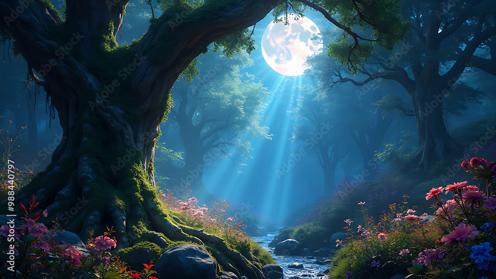 Big tree in the middle of the forest with moonlight Big tree in the middle of the forest with moonlight