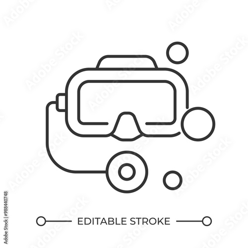 Diving mask linear icon. Snorkeling and scuba diving equipment. Underwater goggles. Aquatics sport gear. Thin line illustration. Contour symbol. Vector outline drawing. Editable stroke