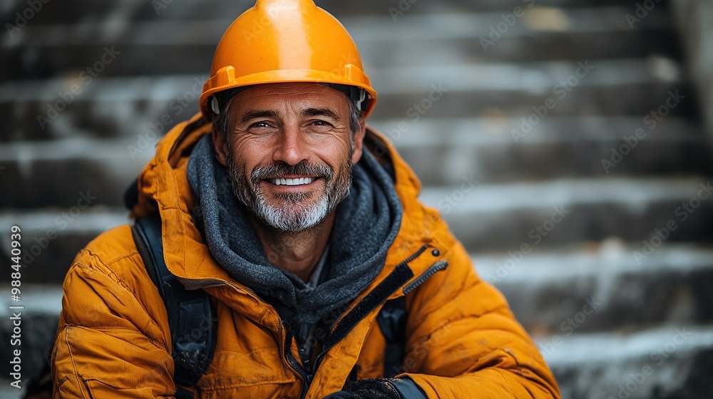 smiling mature man wearing hard hat on construction site looking at camer sitting on concrete stairs thumbs up smiling mature man wearing hard hat on construction site looking at camer sitting on concrete stairs thumbs up