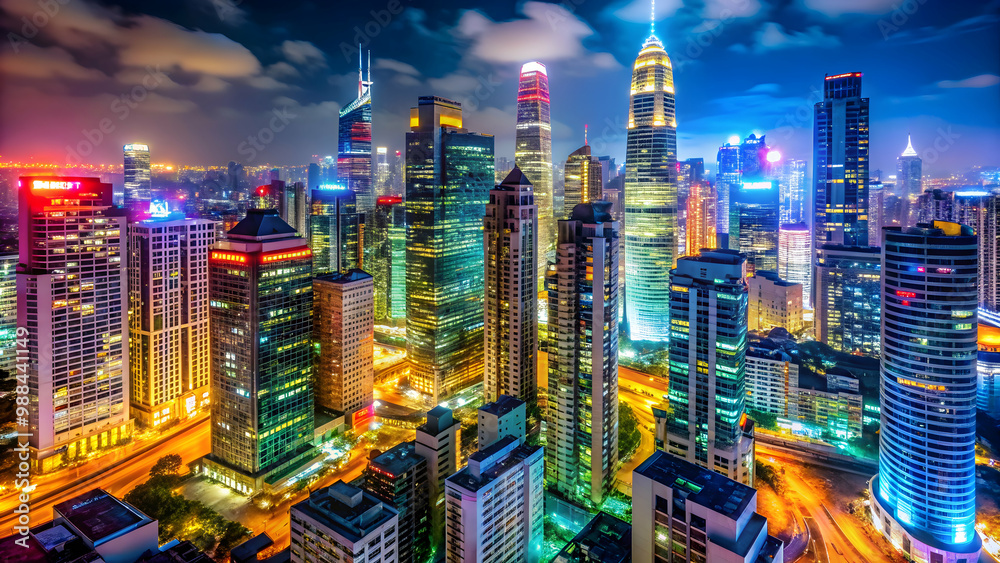 Fototapeta premium Wide-angle view of a vibrant cityscape at night with colorful lights and skyscrapers, architecture, urban, cityscape