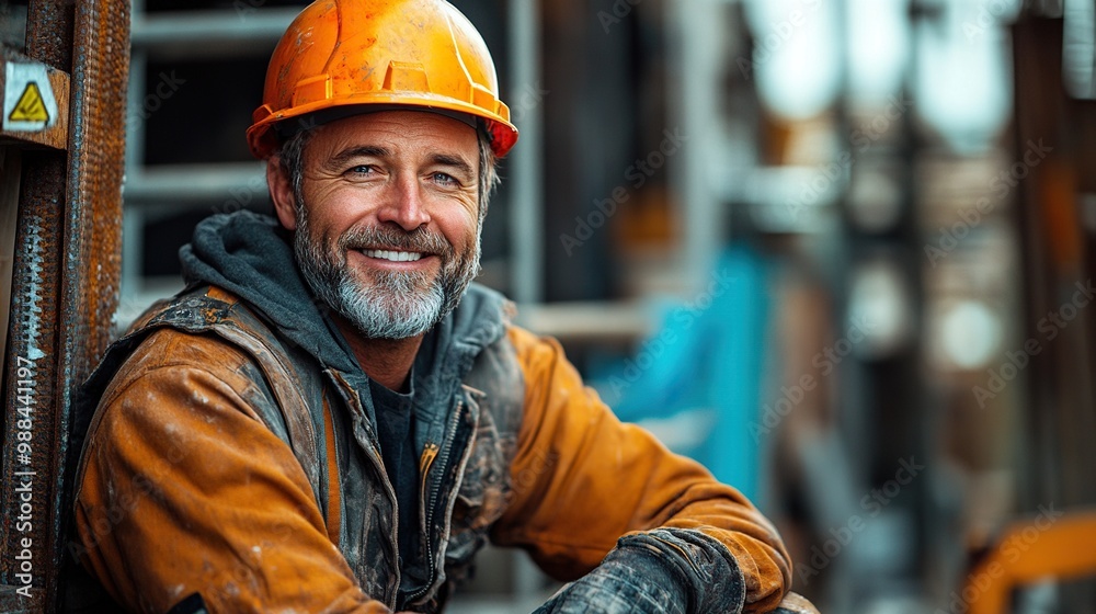 smiling mature man wearing hard hat on construction site looking at camer sitting on concrete stairs thumbs up smiling mature man wearing hard hat on construction site looking at camer sitting on concrete stairs thumbs up