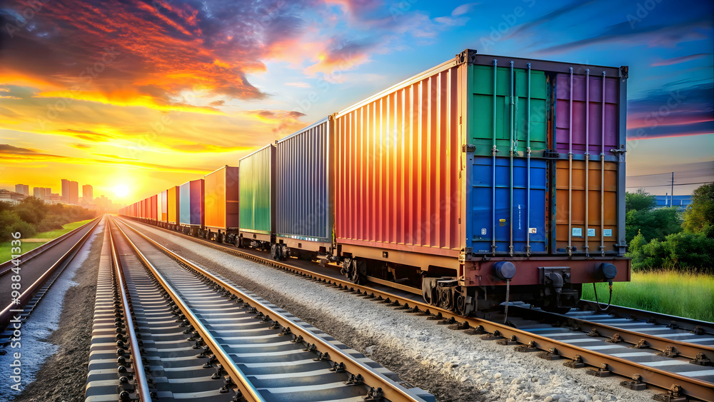 Train moving with colorful containers on railway tracks, logistics, transportation, cargo, shipping, industry, supply chain Train moving with colorful containers on railway tracks, logistics, transportation, cargo, shipping, industry, supply chain