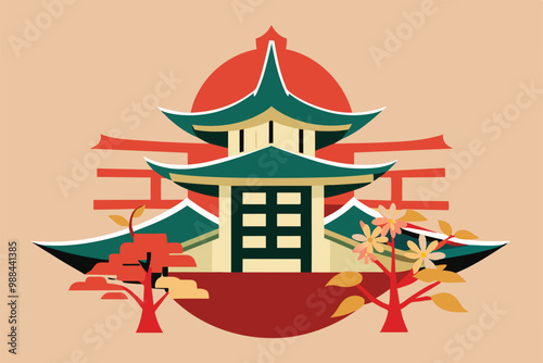 Experience a customizable semi-flat illustration showcasing traditional Japanese architecture surrounded by nature, enhancing cultural beauty and creativity. photo