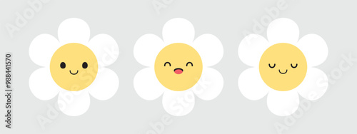 Cute white flower cartoon character with facial expression. Flat design illustration.