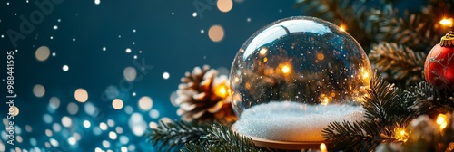 Christmas baubles glass balls and pine branches. Horizontal banner web poster, header for website minimal design. Xmas holiday background. Festive border